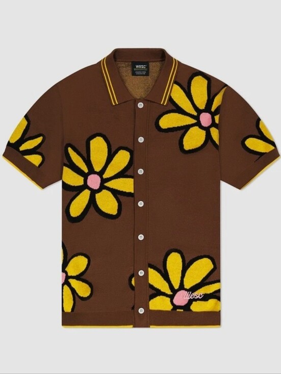 Wesc Other - NWT Unisex WESC Brown Button-Up Floral Knit Polo with Yellow & Pink Accents
